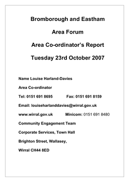 Bromborough and Eastham Area Forum Area Co-Ordinator's Report