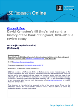 David Kynaston's Till Time's Last Sand: a History of the Bank of England, 1694-2013: a Review Essay