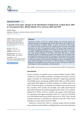 A Decade of Invasion: Changes in the Distribution of Didemnum Vexillum Kott, 2002 in Narragansett Bay, Rhode Island, USA, Between 2005 and 2015