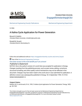 A Kalina Cycle Application for Power Generation