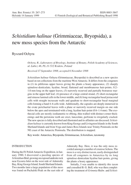 Schistidium Halinae (Grimmiaceae, Bryopsida), a New Moss Species from the Antarctic