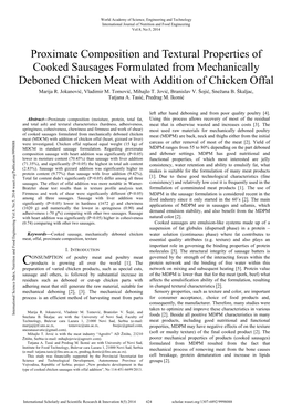 Proximate Composition and Textural Properties of Cooked Sausages Formulated from Mechanically Deboned Chicken Meat with Addition of Chicken Offal Marija R