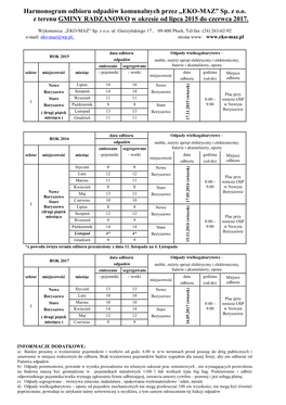 Harmonogram Odbioru Odpadów Komunalnych Przez „EKO-MAZ” Sp
