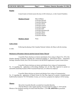 COUNCIL MINUTES Page 1 Windsor, Ontario, December 15, 2014