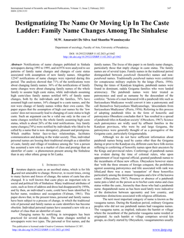 Destigmatizing the Name Or Moving up in the Caste Ladder: Family Name Changes Among the Sinhalese