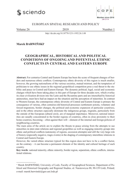 Geographical, Historical and Political Conditions of Ongoing and Potential Ethnic Conflicts in Central and Eastern Europe