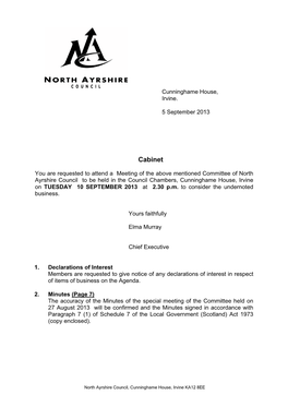 North Ayrshire Council to Be Held in the Council Chambers, Cunninghame House, Irvine on TUESDAY 10 SEPTEMBER 2013 at 2.30 P.M