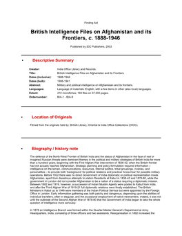 British Intelligence Files on Afghanistan and Its Frontiers, C