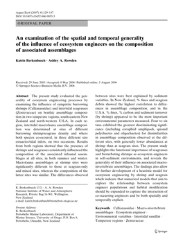 An Examination of the Spatial and Temporal Generality of the Influence of Ecosystem Engineers on the Composition of Associated A