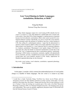 Low Vowel Raising in Sinitic Languages: Assimilation, Reduction, Or Both?*