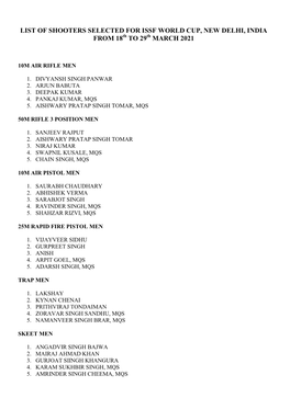 LIST of SHOOTERS SELECTED for ISSF WORLD CUP, NEW DELHI, INDIA from 18Th to 29Th MARCH 2021