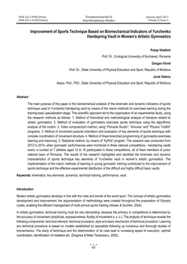 Improvement of Sports Technique Based on Biomechanical Indicators of Yurchenko Handspring Vault in Women's Artistic Gymnastics