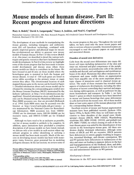 Mouse Models of Human Disease. Part II: Recent Progress and Future Directions