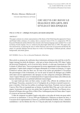 Wiesław Mateusz Malinowski Université Adam Mickiewicz De Poznań UBU REX VS UBU ROI OU LE DIALOGUE DES ARTS, DES STYLES ET DES ÉPOQUES