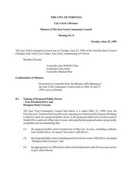 THE CITY of TORONTO City Clerk's Division Minutes of the East York