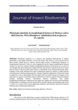 Phenotypic Plasticity in Morphological Features of Thelaxes Suberi (Del Guercio, 1911) (Hemiptera: Aphidoidea) Feed on Quercus (L.) Species