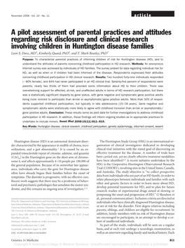 A Pilot Assessment of Parental Practices and Attitudes Regarding Risk Disclosure and Clinical Research Involving Children in Huntington Disease Families Leon S