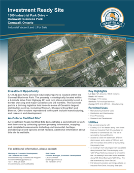 1500 Industrial Park Drive – Cornwall Business Park Cornwall, Ontario Industrial Vacant Land | for Sale