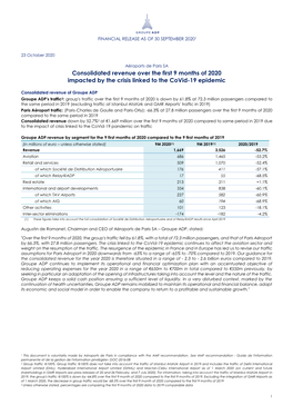 Consolidated Revenue Over the First 9 Months of 2020 Impacted by the Crisis Linked to the Covid-19 Epidemic