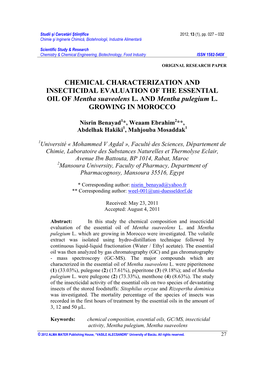 CHEMICAL CHARACTERIZATION and INSECTICIDAL EVALUATION of the ESSENTIAL OIL of Mentha Suaveolens L