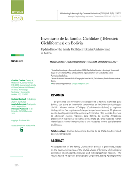 Inventario De La Familia Cichlidae (Teleostei: Cichliformes) En Bolivia Updated List of the Family Cichlidae (Teleostei: Cichliformes) in Bolivia