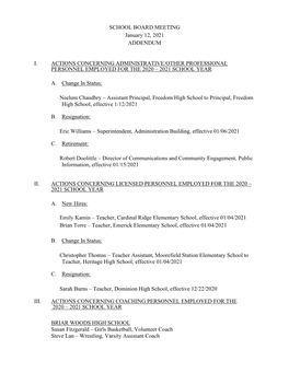 SCHOOL BOARD MEETING January 12, 2021 ADDENDUM I. ACTIONS