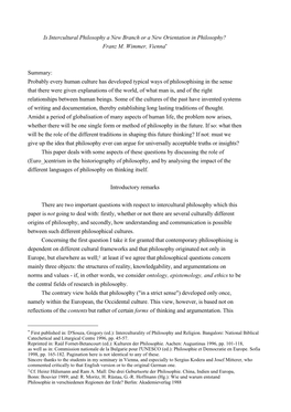 Is Intercultural Philosophy a New Branch Or a New Orientation in Philosophy? Franz M