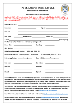 The St. Andrews Thistle Golf Club Application for Membership