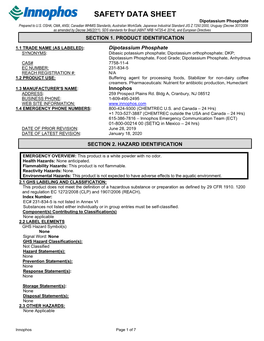 SAFETY DATA SHEET Dipotassium Phosphate Prepared to U.S