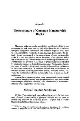 Nomenclature of Common Metamorphic Rocks