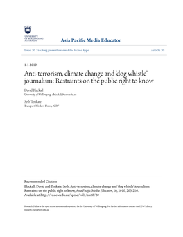 Dog Whistle’ Journalism: Restraints on the Public Right to Know David Blackall University of Wollongong, Dblackal@Uow.Edu.Au