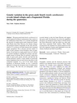 Anolis Carolinensis) Reveals Island Refugia and a Fragmented Florida During the Quaternary