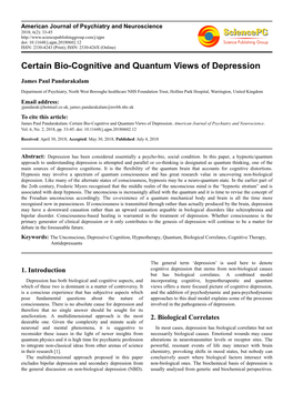 Certain Bio-Cognitive and Quantum Views of Depression