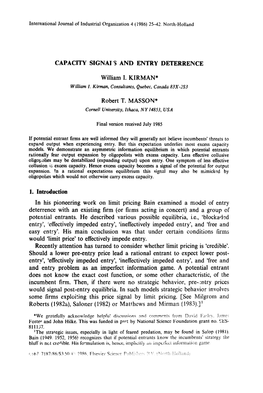 CAPACITY §IGNAI§ and ENTRY DETERRENCE William I. KIRMAN* Robert T. MASSON* 1. Introduction in His Pioneering Work on Limit