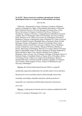 No. R-497. House Concurrent Resolution Welcoming the National Speleological Society to Vermont for Its 2010 National Convention