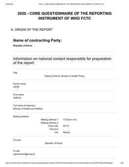 2020 2020 - Core Questionnaire of the Reporting Instrument of Who Fctc