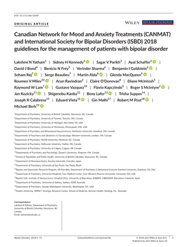 And International Society for Bipolar Disorders (ISBD) 2018 Guidelines for the Management of Patients with Bipolar Disorder