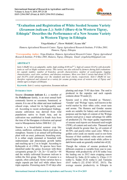 "Evaluation and Registration of White Seeded Sesame Variety (Sesamum