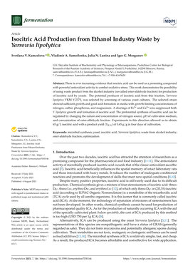 Isocitric Acid Production from Ethanol Industry Waste by Yarrowia Lipolytica