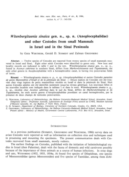 Witenbergitaenia Sinaica Gen. N., Sp. N. (Anoplocephalidae) and Other Cestodes from Small Mammals in Israel and in the Sinai Peninsula