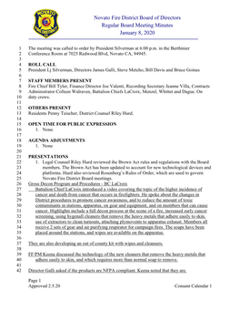 Novato Fire District Board of Directors Regular Board Meeting Minutes January 8, 2020