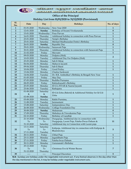 Office of the Principal Holiday List from 01/01/2020 to 31/12/2020 (Provisional) Sl