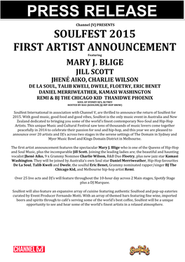 PRESS RELEASE Channel [V] PRESENTS SOULFEST 2015 FIRST ARTIST ANNOUNCEMENT Featuring MARY J