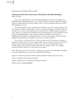 Administration of Barack Obama, 2014 Statement on the First Anniversary of the Boston Marathon Bombing April 15, 2014