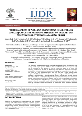 Feeding Aspects of Notarius Grandicassis (Siluriformes: Ariidae) Caught by Artisanal Fisheries on the Eastern Amazon Coast, State of Maranhão, Brazil