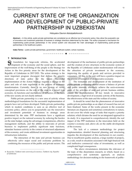 CURRENT STATE of the ORGANIZATION and DEVELOPMENT of PUBLIC-PRIVATE PARTNERSHIP in UZBEKISTAN Hidoyatov Davron Abdulpattohovich