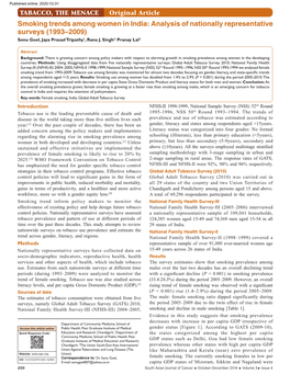 Smoking Trends Among Women in India: Analysis of Nationally Representative Surveys (1993–2009) Sonu Goel, Jaya Prasad Tripathy1, Rana J