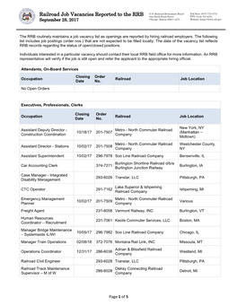 Railroad Job Vacancies Reported to the RRB 844 North Rush Street TTY: (312) 751-4701 September 28, 2017 Chicago, Illinois 60611-1275 Website