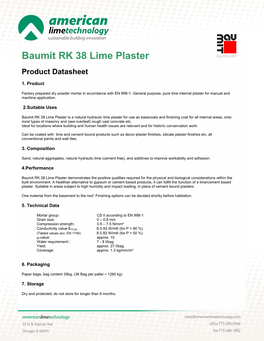 Baumit RK 38 Lime Plaster Product Datasheet