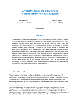 Artificial Intelligence and Its Implications for Income Distribution and Unemployment1